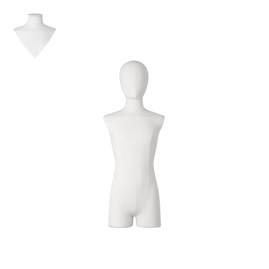 Dress form with legs, child, 12 years, covered with white woven fabric, removable abstract head