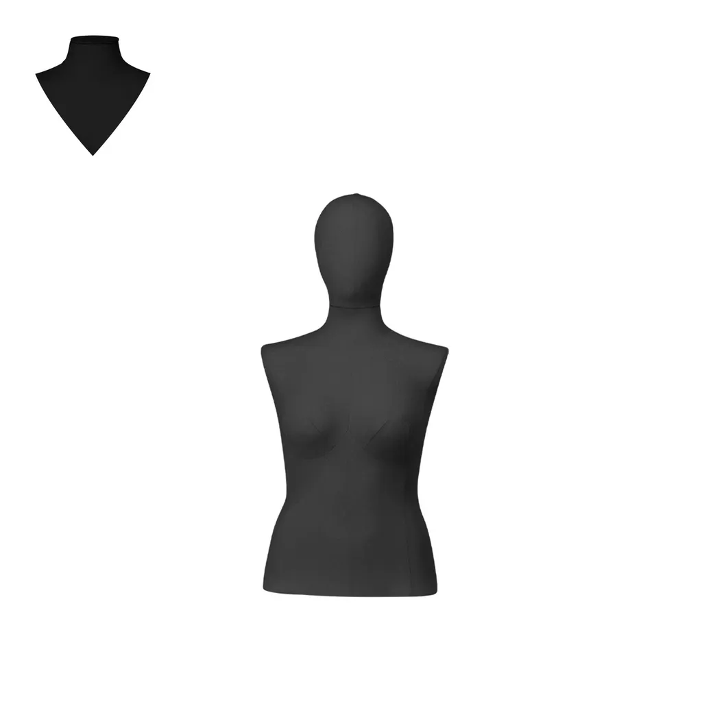 Busto de costura mujeres, modelo corto, talla 40/42, cubierto con tela negra, cabeza desmontable. 