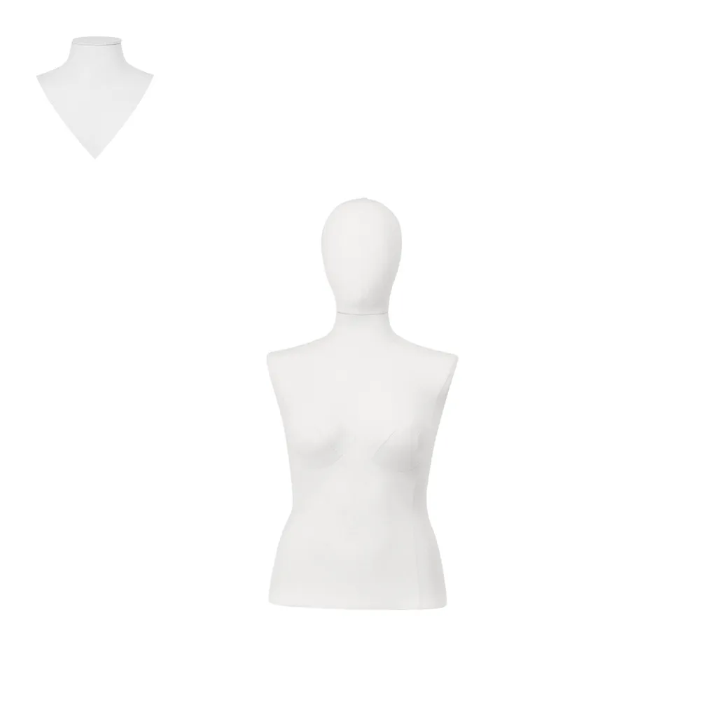 Dress form, long model, female, plus size, size 40-42, covered with white woven fabric, removable head