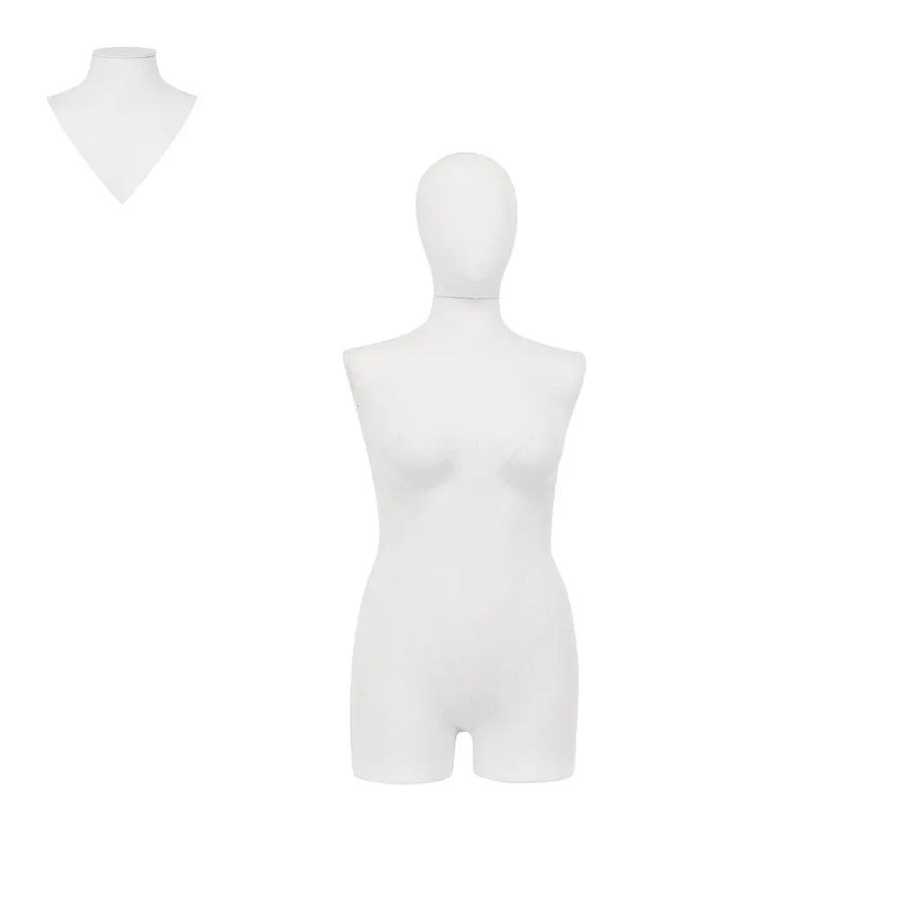 Dress form with legs, female, plus size, size 40-42, covered with white woven fabric, removable head