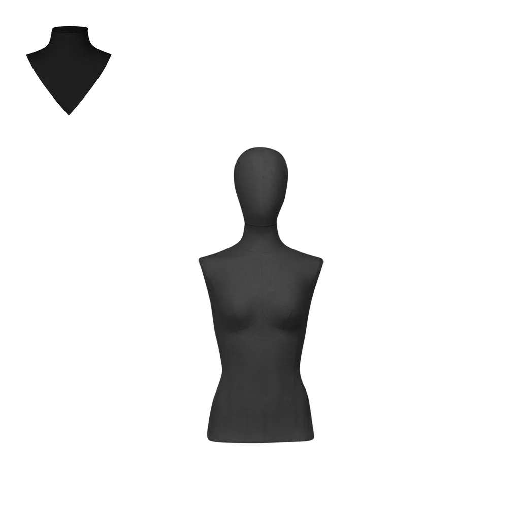 Dress form without legs, female, size 36, covered with black woven fabric, removable head