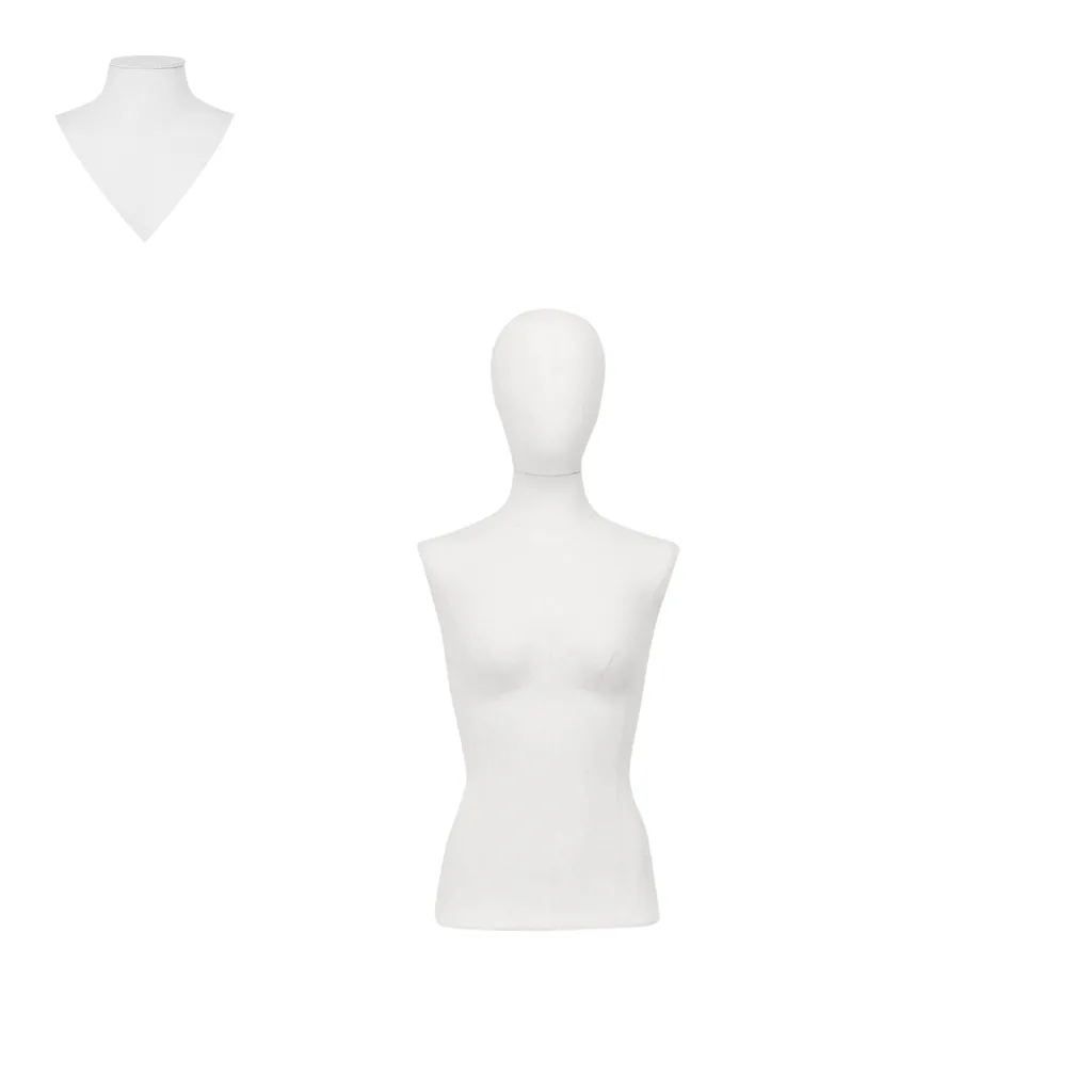 Dress form without legs, female, size 36, covered with white woven fabric, removable head