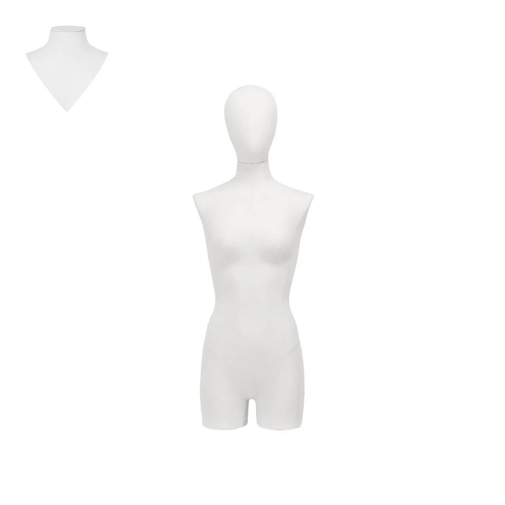 Dress form with legs, female, size 36, covered with white woven fabric, removable head