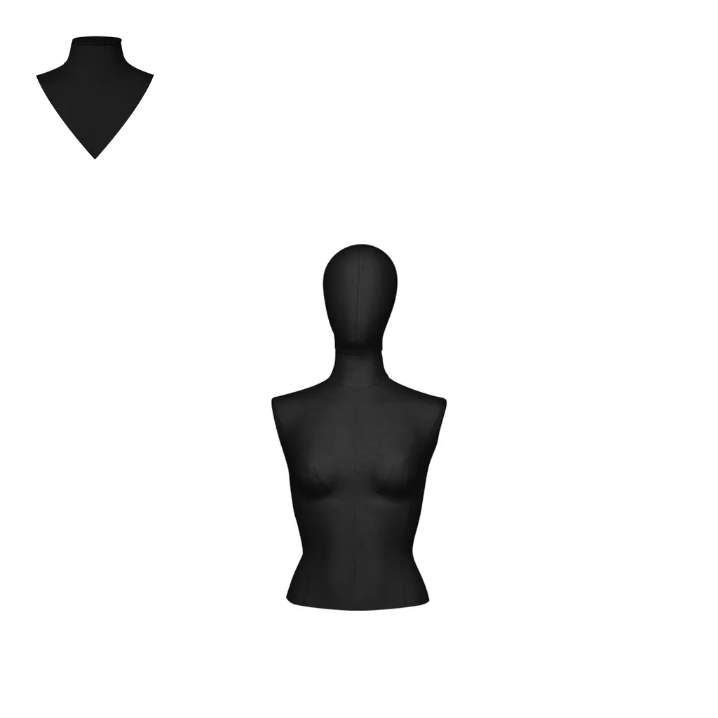 Busto de costura mujeres, modelo corto, talla 38, cubierto con tela negra, cabeza desmontable.