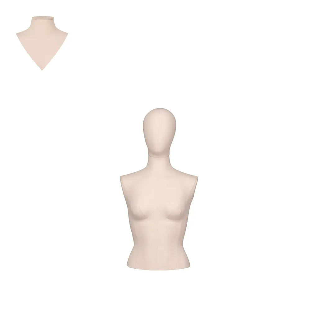 Busto de costura mujeres, modelo corto, talla 38, cubierto con tela cruda, cabeza desmontable.