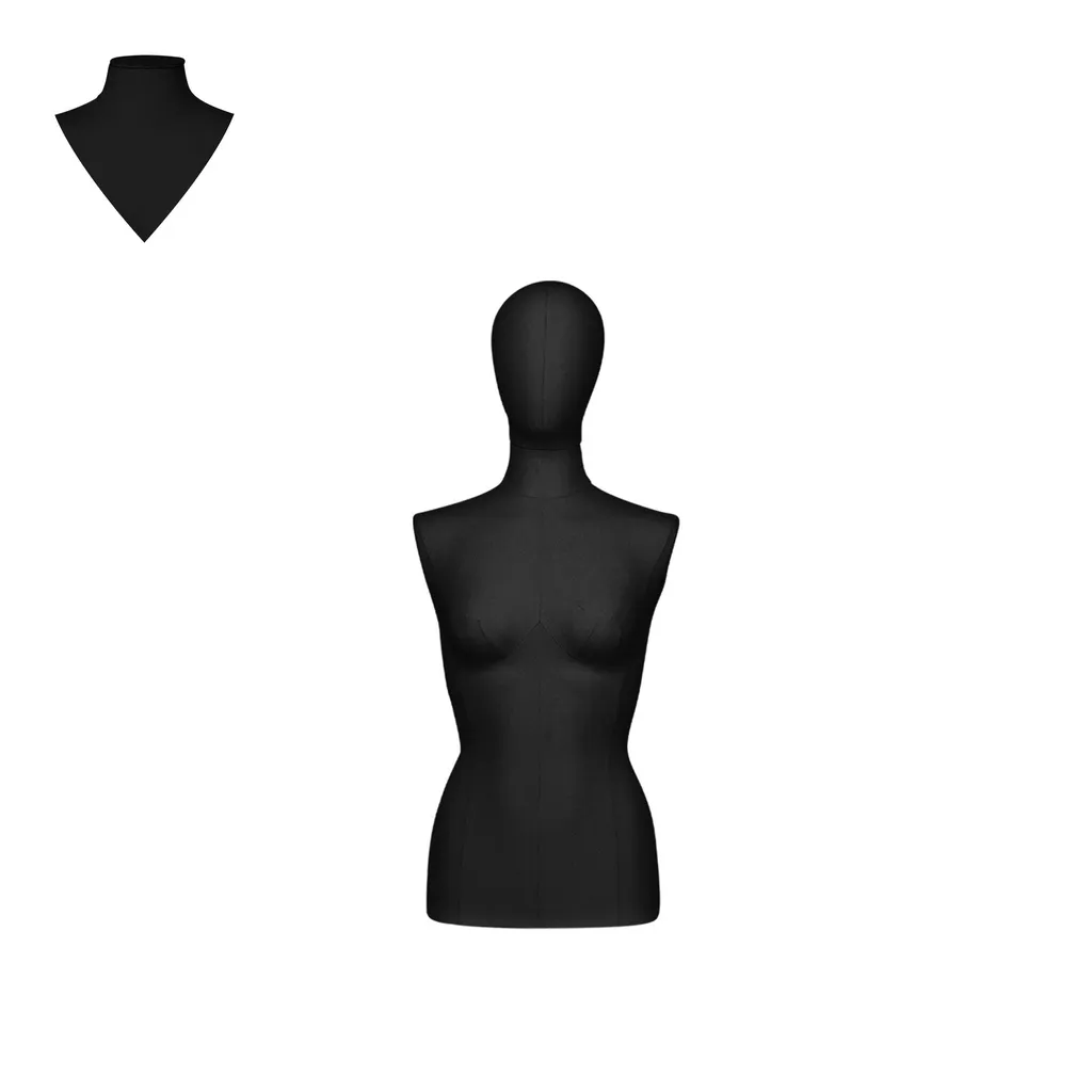 Dress form without legs, female, size 38, covered with black woven fabric, removable head