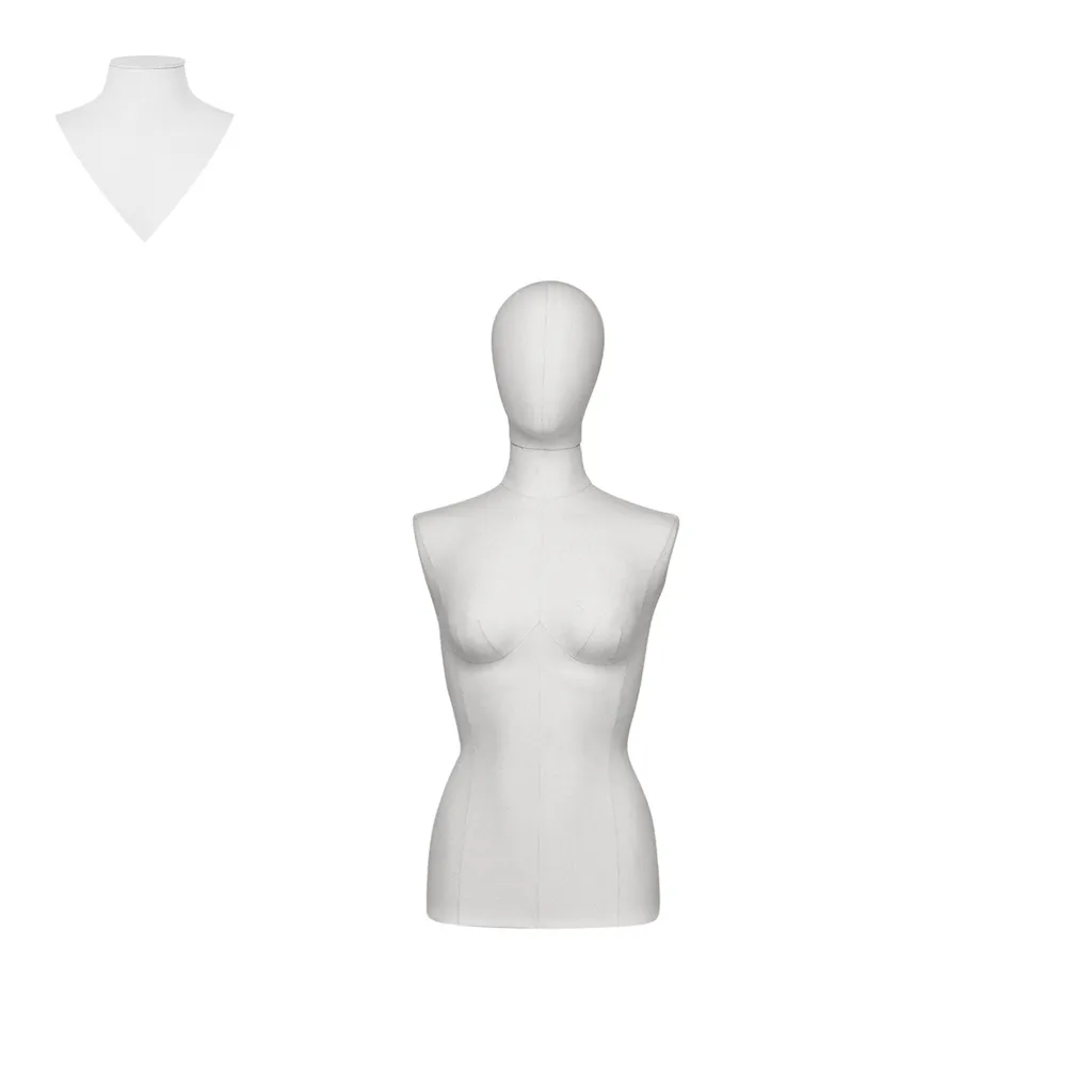 Dress form without legs, female, size 38, covered with white woven fabric, removable head