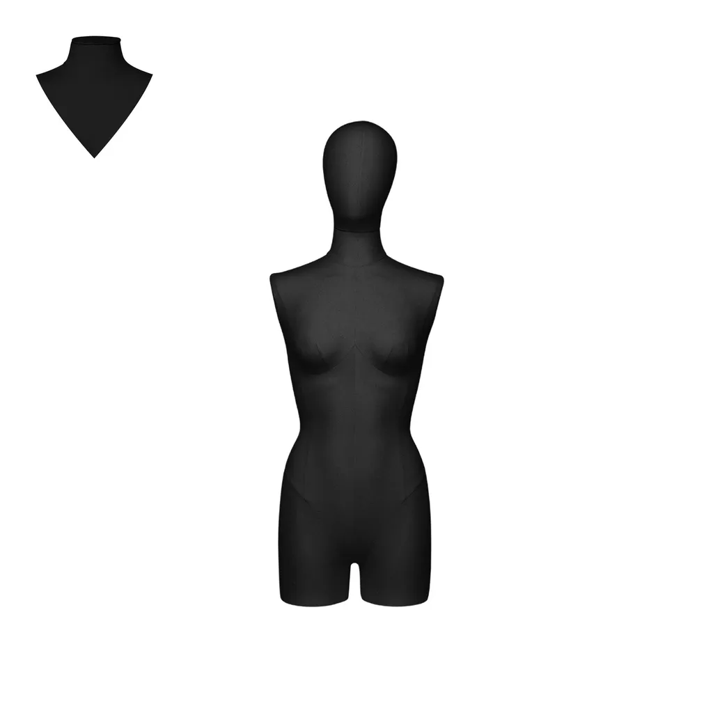 Dress form with legs, female, size 38, covered with black woven fabric, removable head