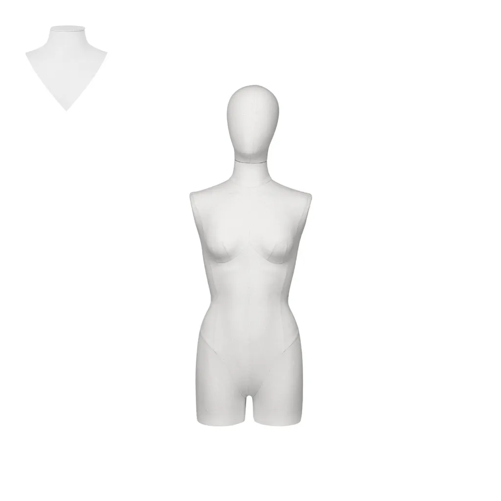 Dress form with legs, female, size 38, covered with white woven fabric, removable head