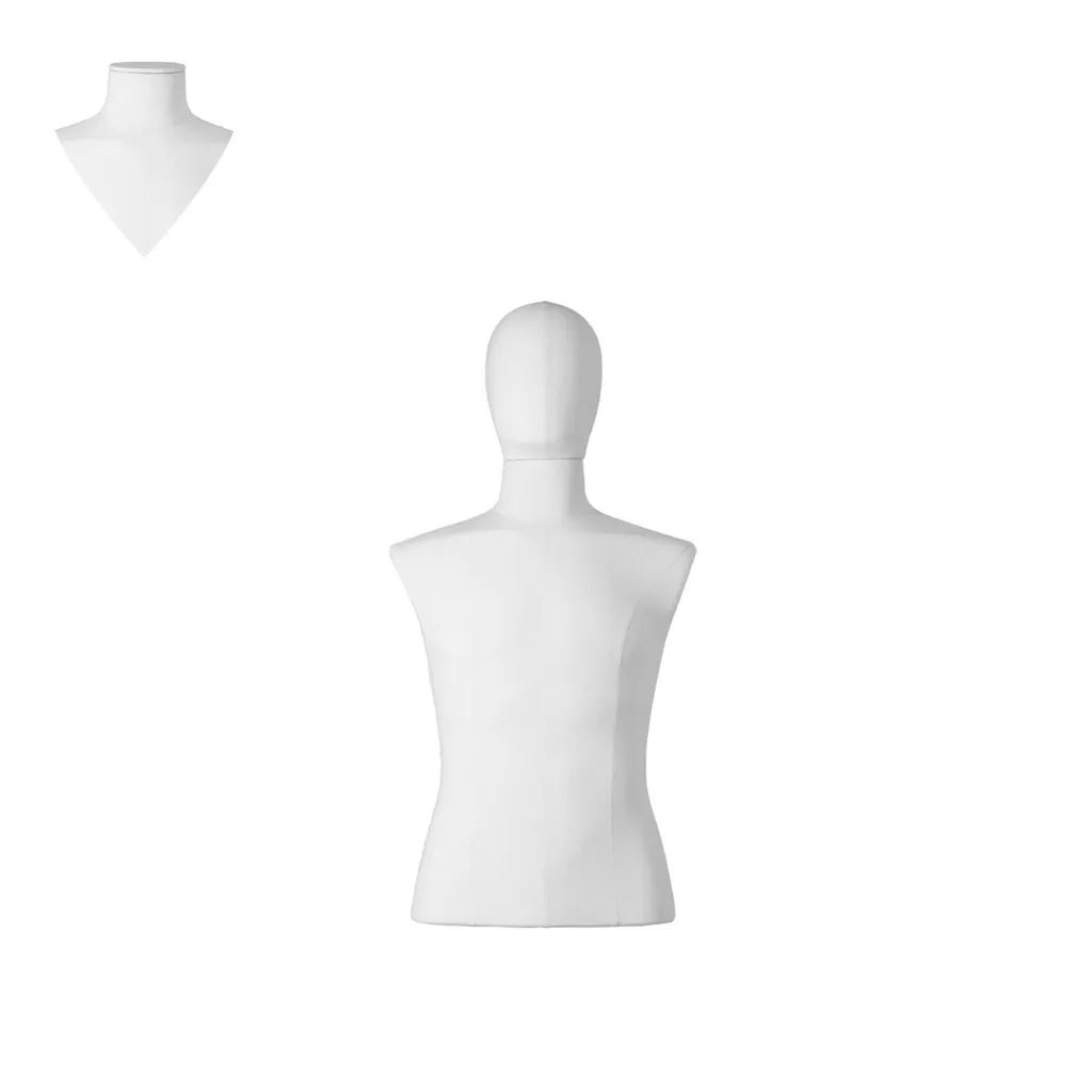 Dress form, short model, male, size M, covered with white woven fabric, removable head