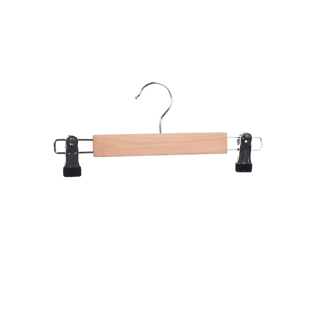 Percha con clips para ropa infantil, madera de loto con acabado natural barnizado, 28 cm de ancho, gancho brillante - caja de 100 unidades.