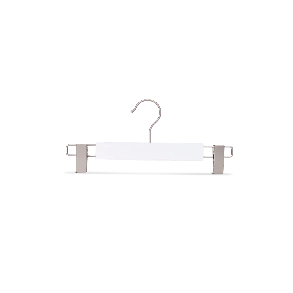 White clothes hanger with clips for children's clothes, lotus wood, white matt finish, 28 cm, matt hook - box of 100 pcs