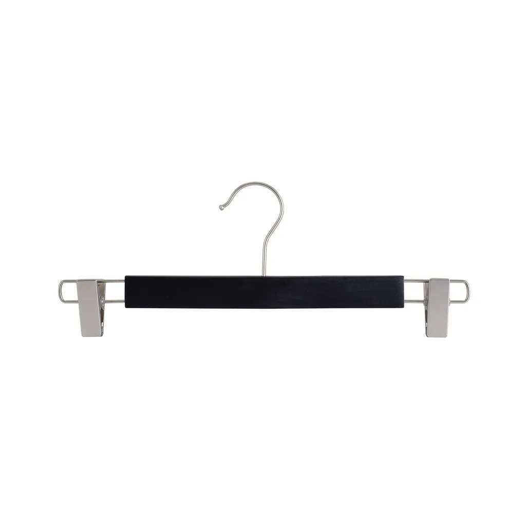 Percha negra con clips para pantalones/faldas, 34 cm de ancho, gancho de níquel - caja de 100 unidades.