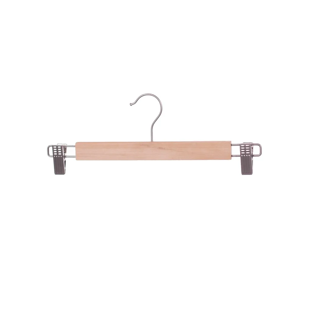 Kledinghanger met clips voor volwassenkledij, lotushout naturel gelakt, 34 cm breedte, matte haak - doos van 100 stuks.