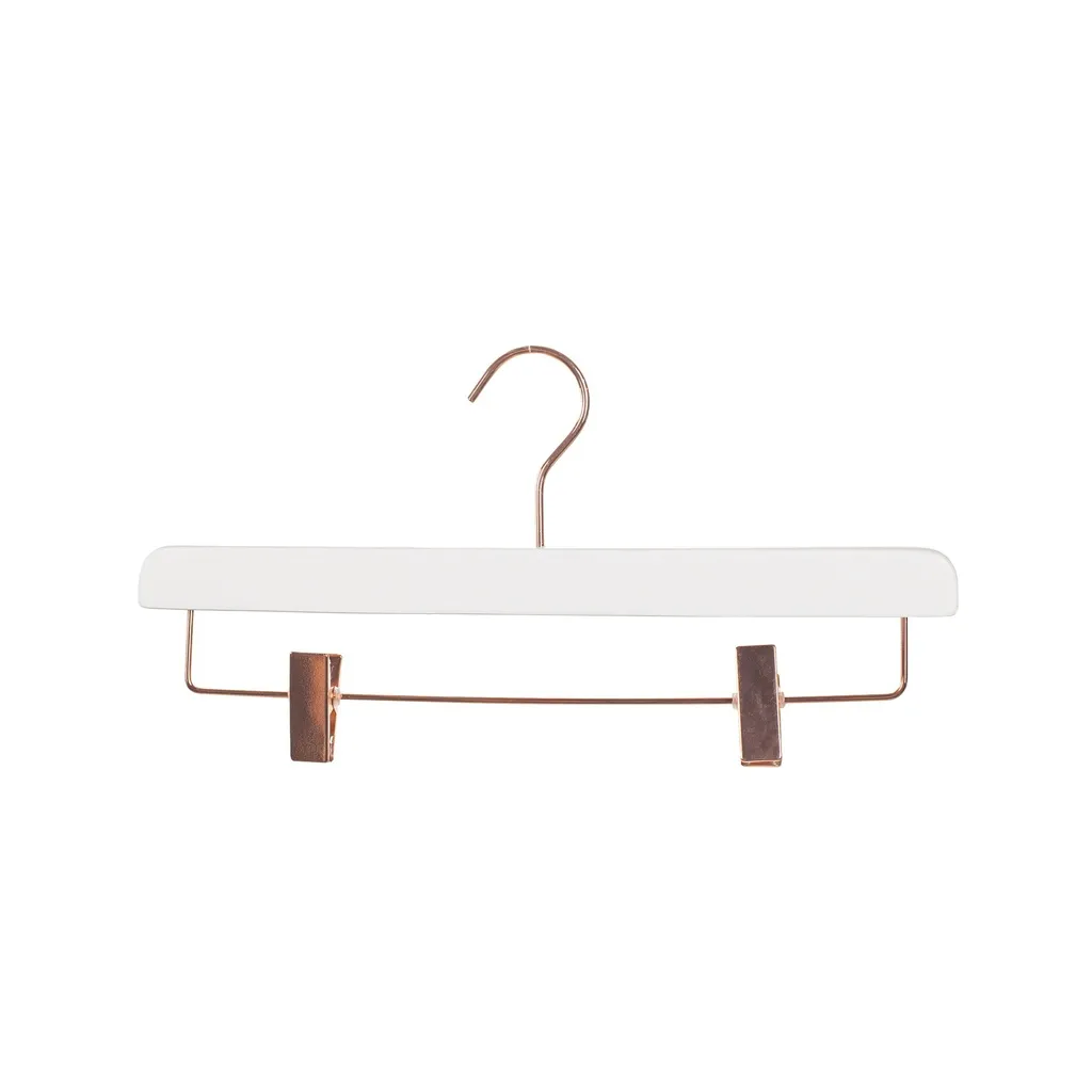 Witte houten kleerhanger met clips, 36 cm breedte, haak en clips in rose goud - doos van 50 stuks