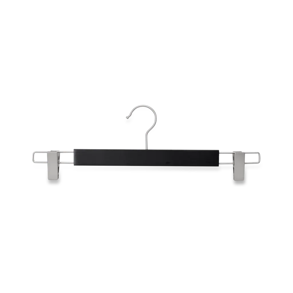 Black clothes hanger with clips for trousers/skirs, lotus wood, matt black finish, 38 cm, matt hook - box of 100 pcs