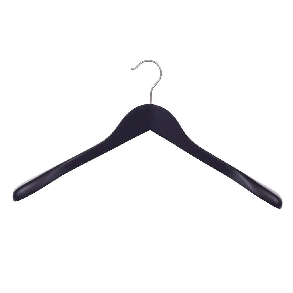 Black clothes hanger for blazer, 3 cm shoulder width, 44 cm, lotus wood, matt black finish, matt hook - box of 50 pcs