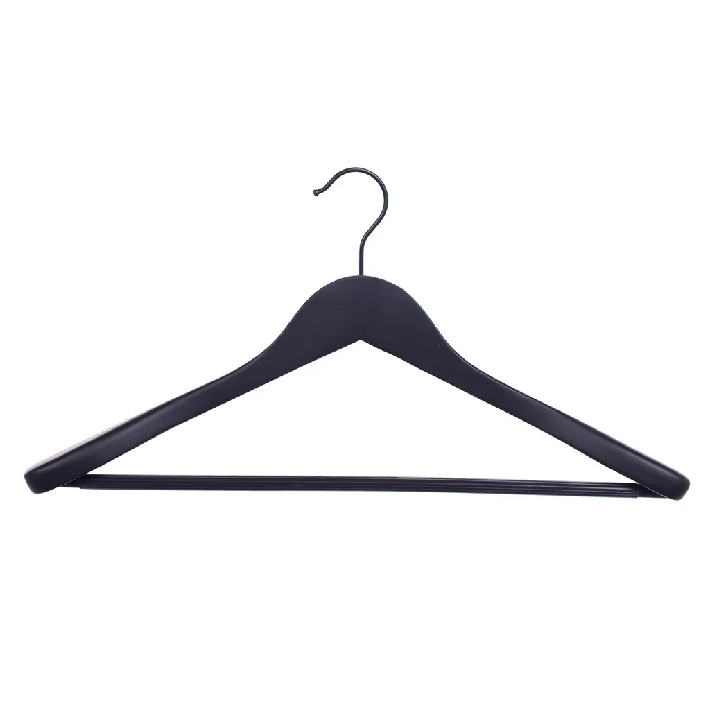 Soft touch clothes hanger for blazer and with trouser bar, 3 cm shoulder width, 44 cm, black, black hook - box of 50 pcs