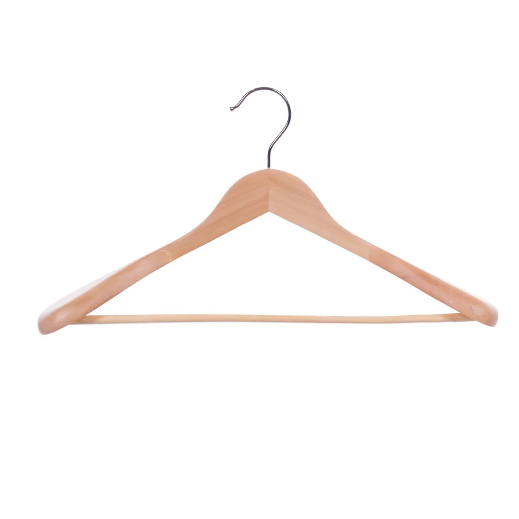 Clothes hanger for jackets and with trouser bar, 5 cm shoulder with, 44 cm, lotus wood, clear varnish, shiny hook - box of 20 pcs