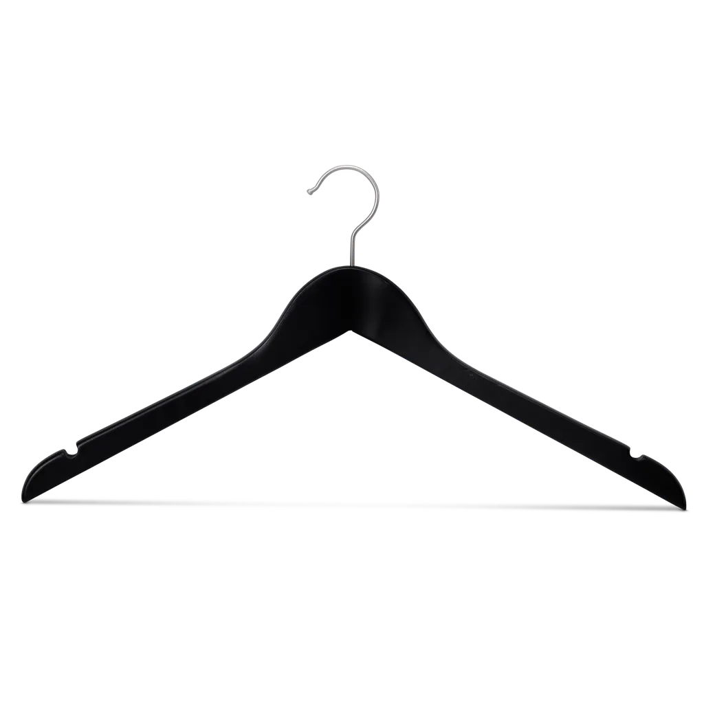 Black clothes hanger for large size clothes, lotus wood, black matt finish, 44cm, matt hook - box of 100 pcs