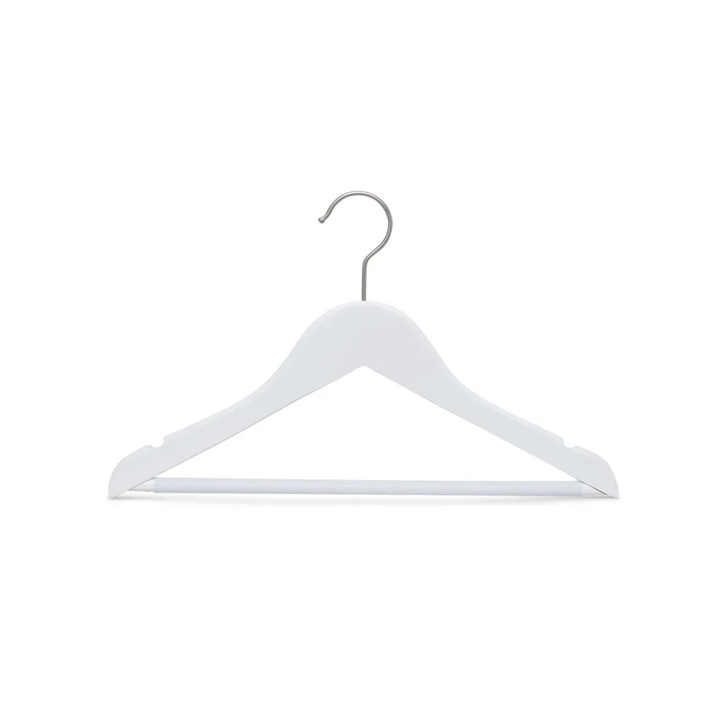 White clothes hanger with anti-slip trouser bar for children's clothes, lotus wood, matt white finish, 35 cm, matt hook - box of 100 pcs