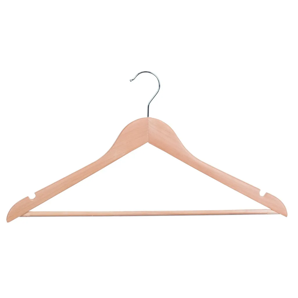 Clothes hanger with anti-slip trouser bar for adult clothes, lotus wood, clear varnish, 44 cm, shiny hook - box of 100 pcs