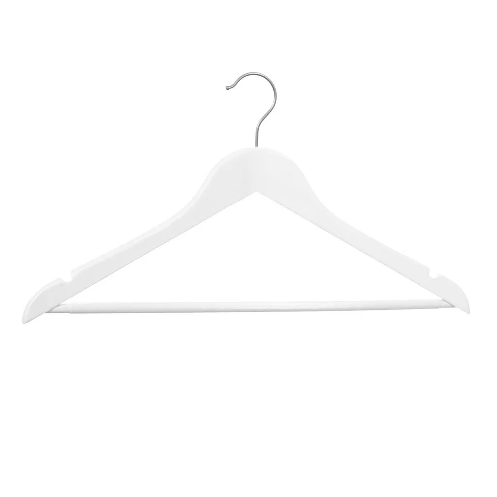 White clothes hanger with anti-slip trouser bar for adult clothes, lotus wood, white matt finish, 44 cm, matt hook - box of 100 pcs