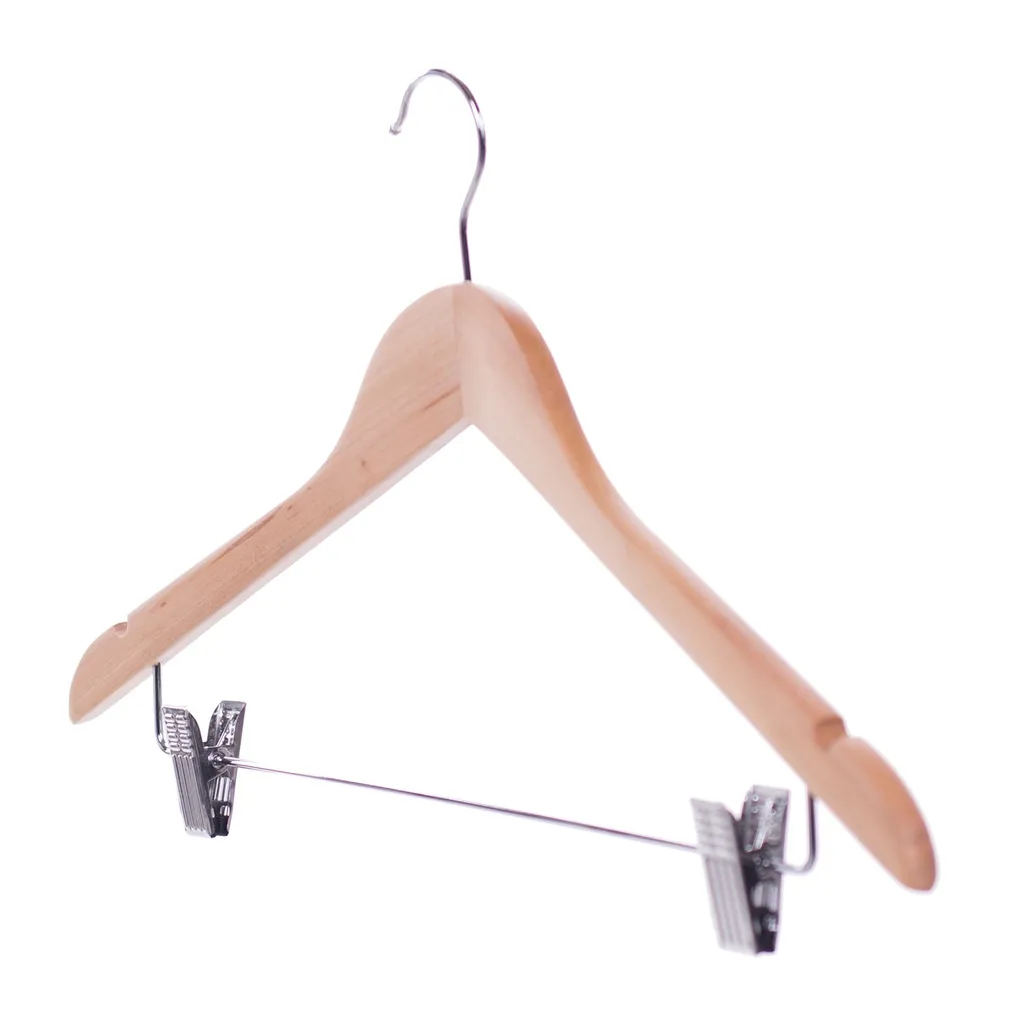 Clothes hanger with clips for adult clothes, lotus wood, clear varnish, 44 cm, shiny hook - box of 100 pcs