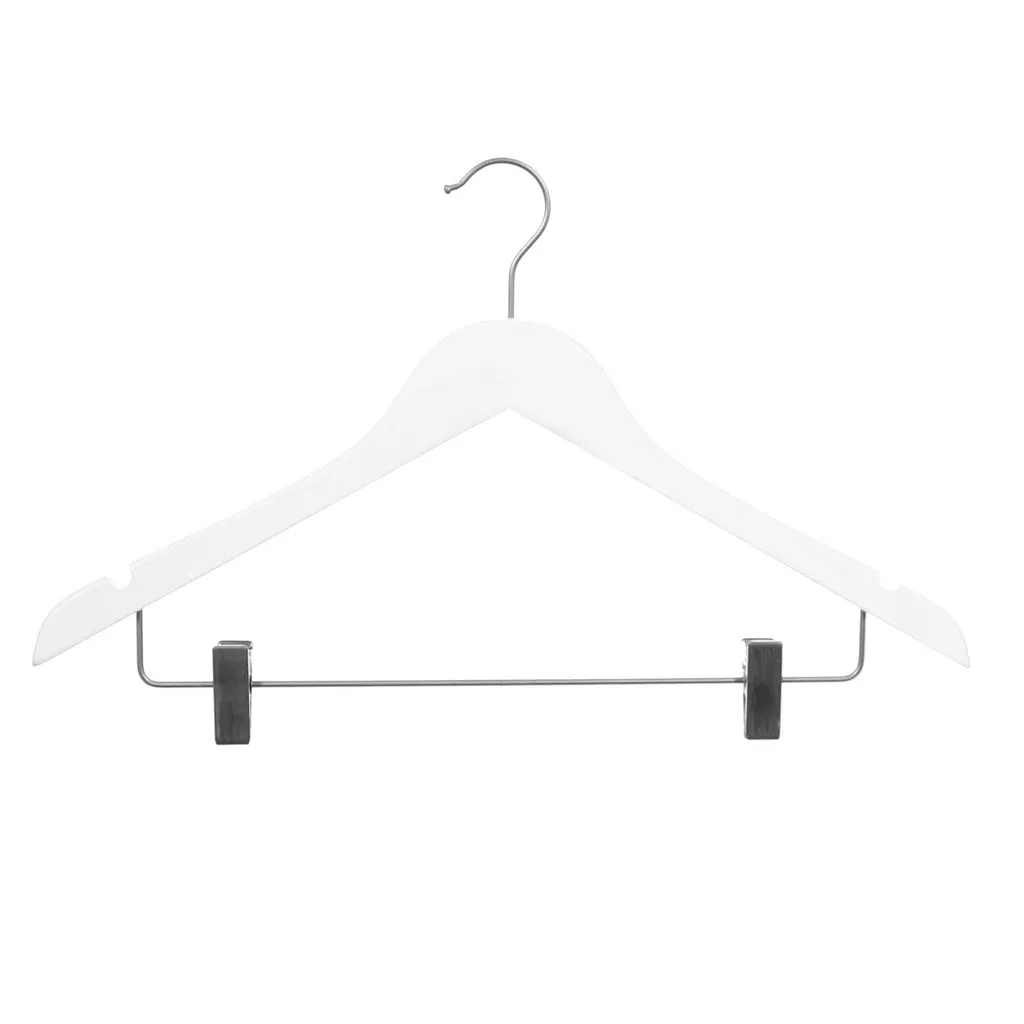 White clothes hanger with clips for adult clothes, lotus wood, white matt finish, 44 cm, matt hook - box of 100 pcs