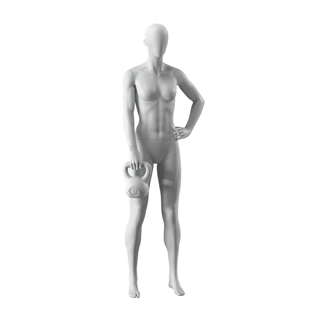 Kettlebell fitness mannequin, female, grey, abstract head, standing pose 11