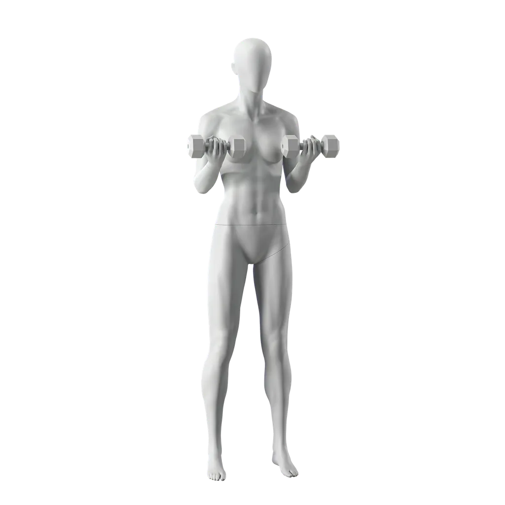 Mannequin sportif de fitness kettlebell, femme, gris, tête abstraite, pose debout 12