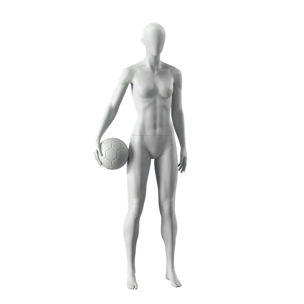 Mannequin sportif de football, femme, gris, tête abstraite, pose debout 16