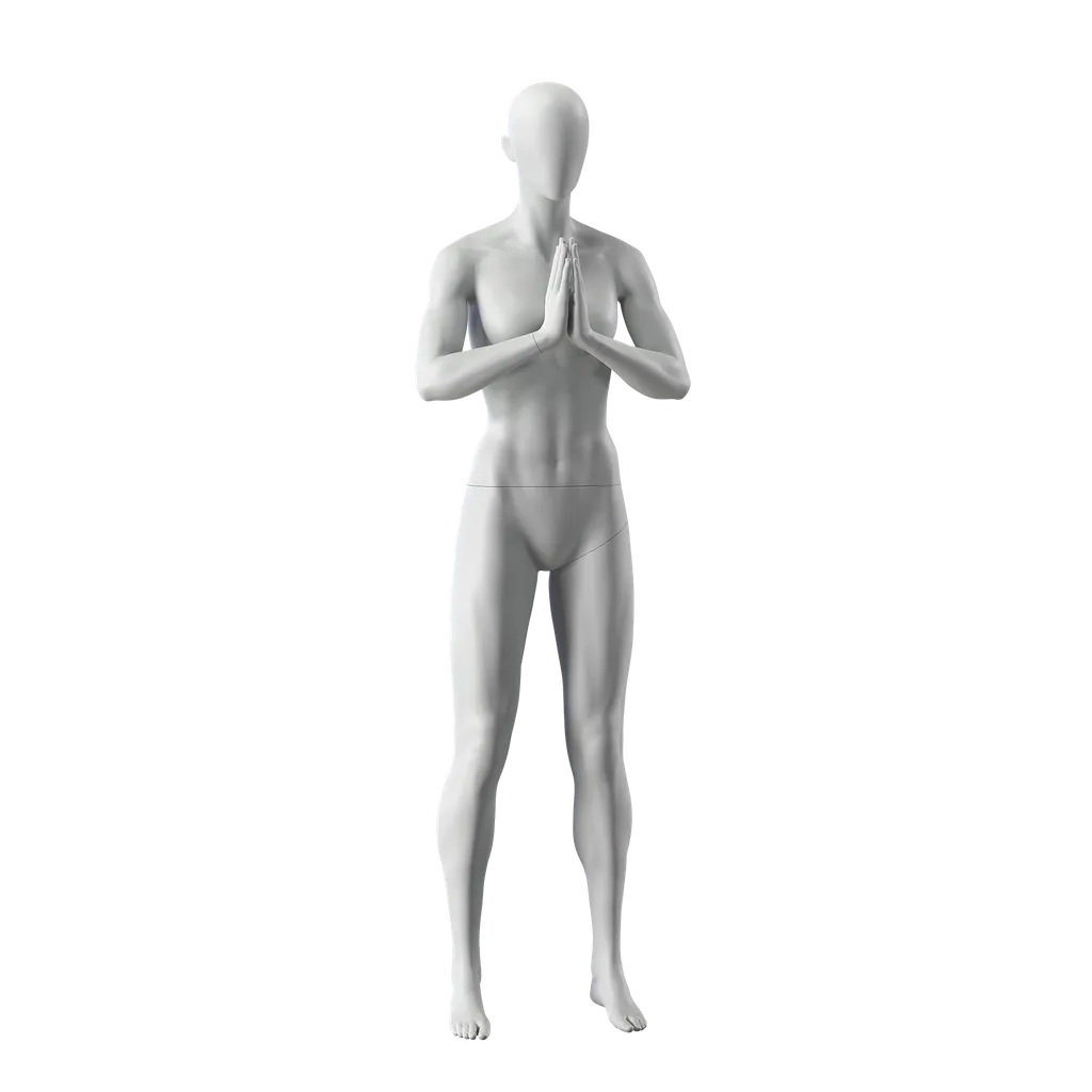 Yoga sport mannequin, female, grey, abstract head, standing pose 17