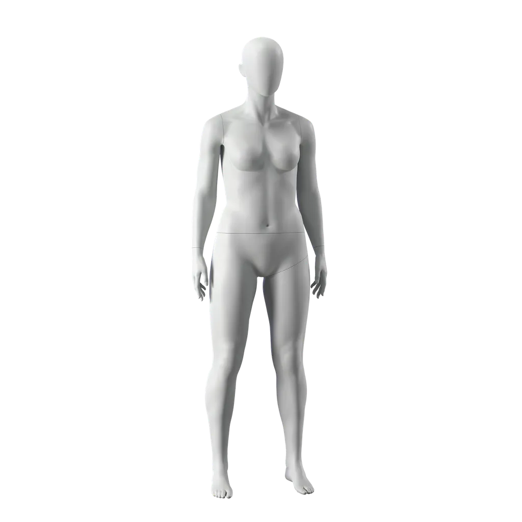 Plus size sport mannequin, female, grey, abstract head, standing pose 19