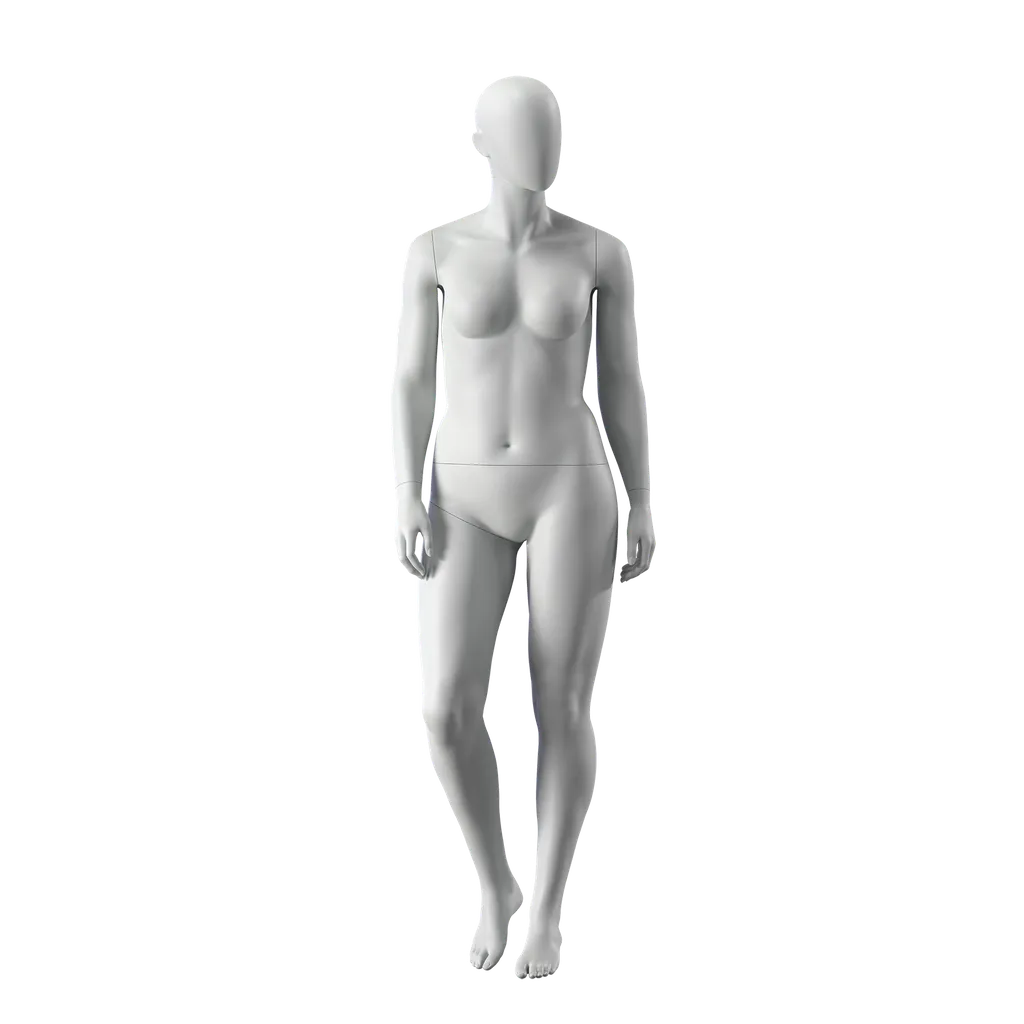 Plus size sport mannequin, female, grey, abstract head, standing pose 20