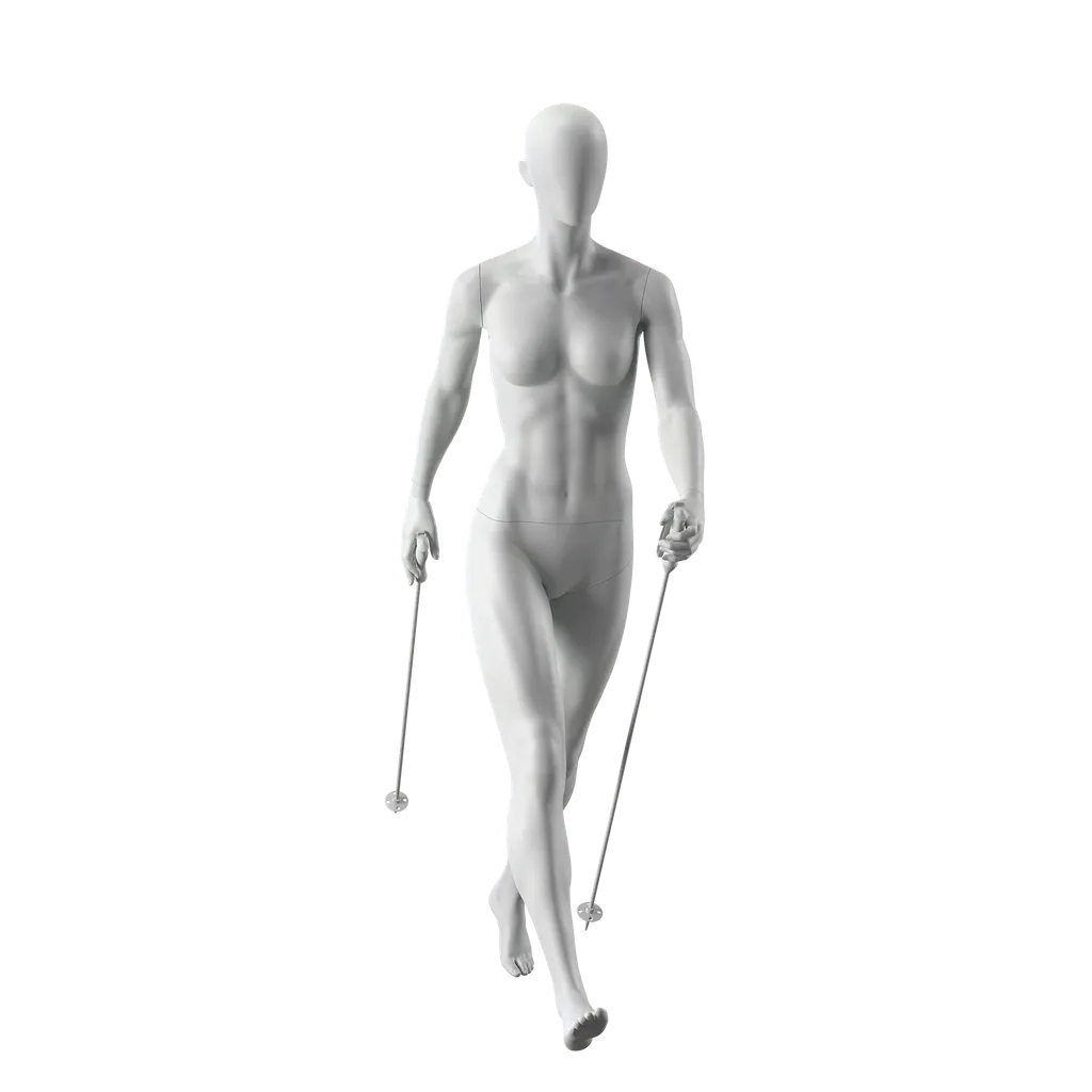 Trekking sport mannequin, female, grey, abstract head, standing pose 23