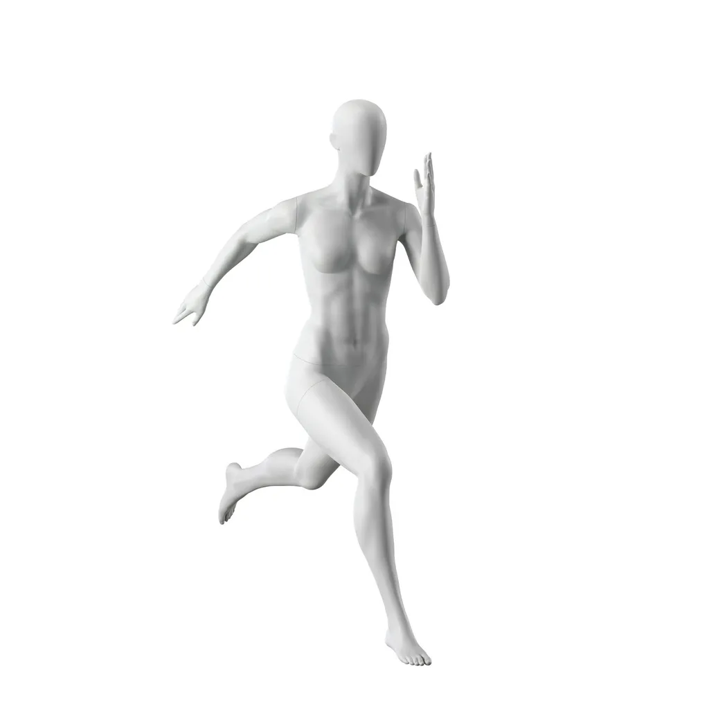 Sprinting sport mannequin, female, grey, abstract head, standing pose 25