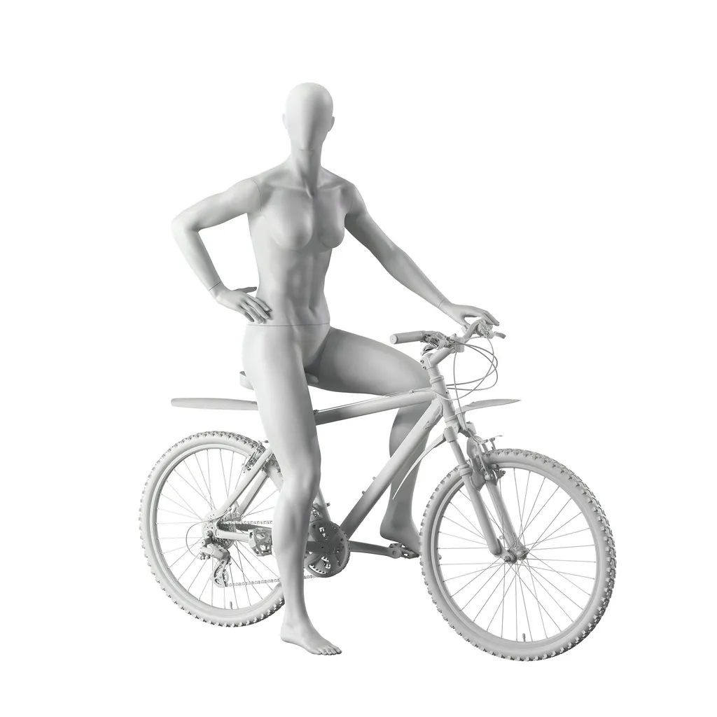 Cycling sport mannequin, female, grey, abstract head, standing posse 28