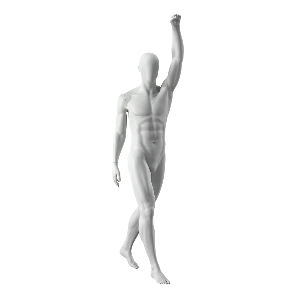 Cheering sport mannequin, male, grey, abstract head, standing pose 306