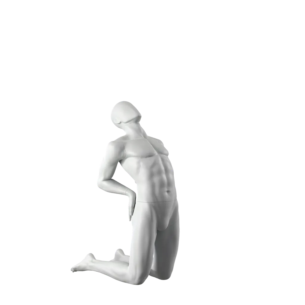 Yoga sport mannequin, male, grey, abstract head, seated pose 307