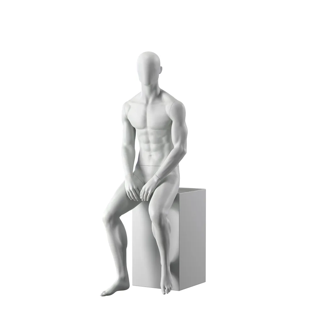 Maniquí de deporte hombre, gris, cabeza abstracta, postura sentada 326