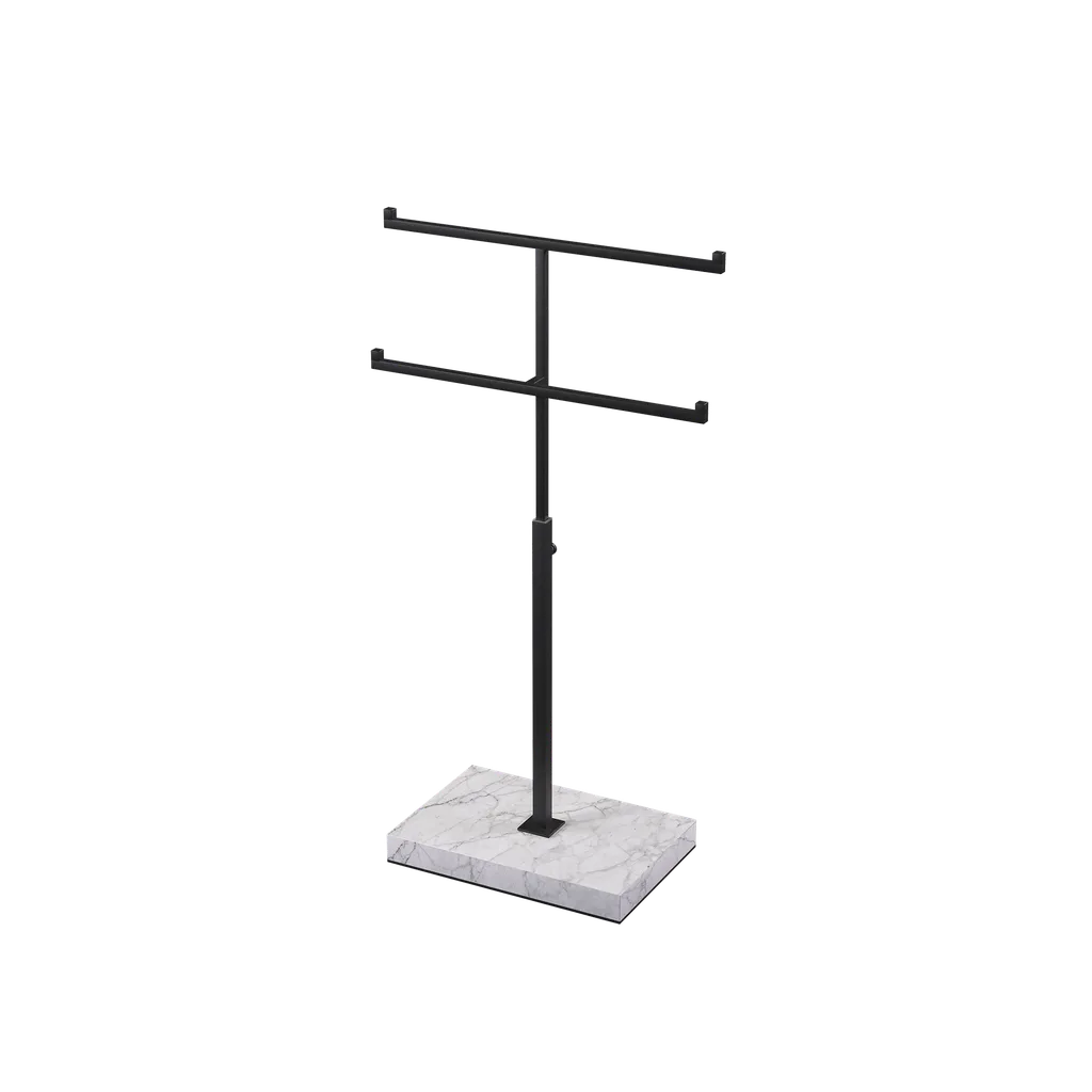 Double T-stand, for jewelry display, black powder-coated steel with marble-look base