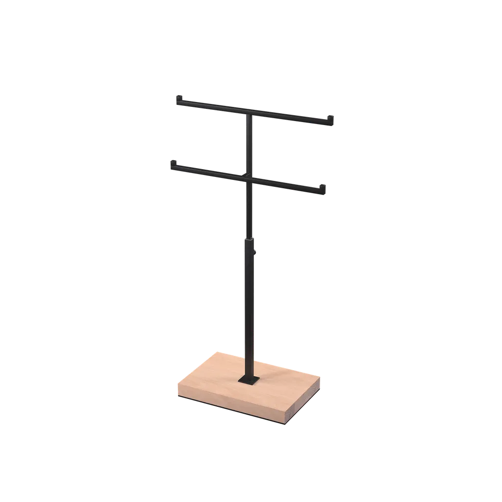 Double T-stand, for jewelry display, black powder-coated steel with wooden base