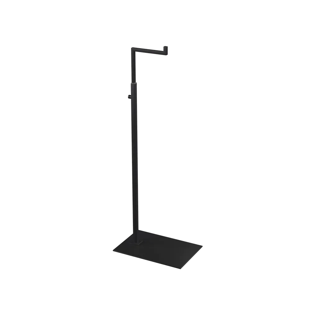 Adjustable L-stand, for displaying leather goods, handbags, and fashion accessories, black powder-coated steel