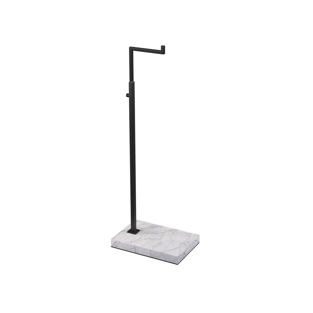 Adjustable L-stand, for displaying leather goods, handbags, and fashion accessories, black powder-coated steel with marble-look base