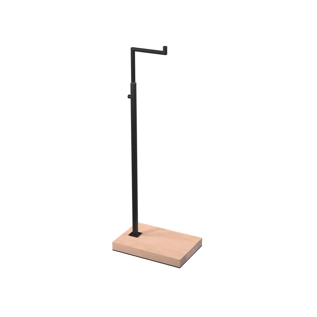 Adjustable L-stand, for displaying leather goods, handbags, and fashion accessories, black powder-coated steel with wooden base