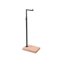 Adjustable L-stand, for displaying leather goods, handbags, and fashion accessories, black powder-coated steel with wooden base