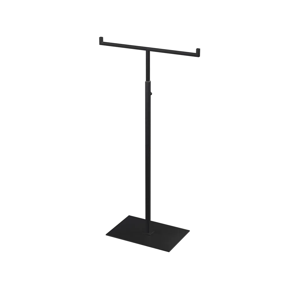 Adjustable T-stand, for displaying (hand)bags, scarves, and jewelry, black powder-coated steel