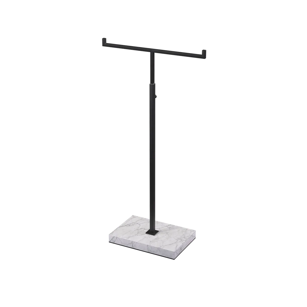 Adjustable T-stand, for displaying (hand)bags, scarves, and jewelry, black powder-coated steel with marble-look base