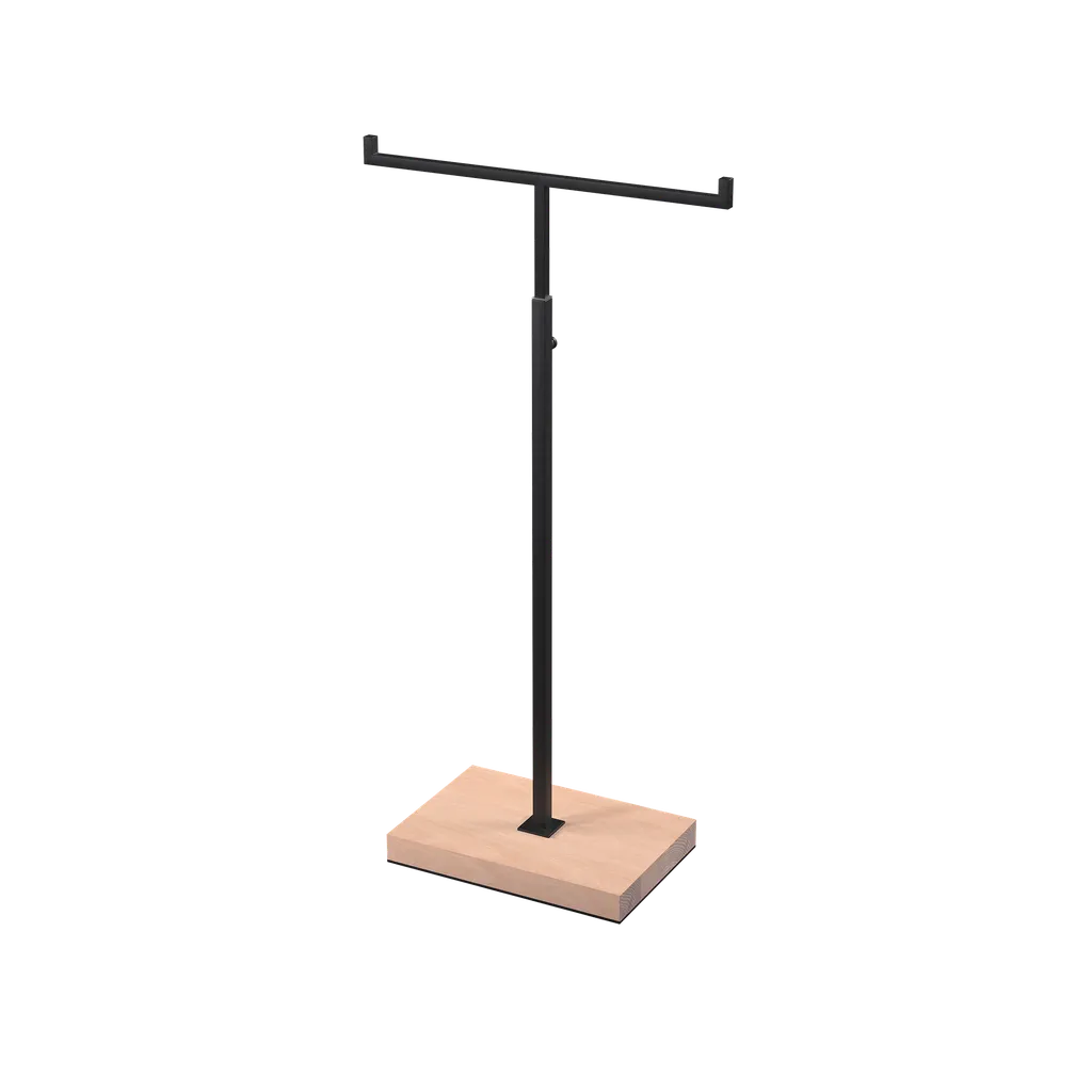 Adjustable T-stand, for displaying (hand)bags, scarves, and jewelry, black powder-coated steel with wooden base